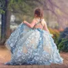 Pretty Ball Gown Princess Flower Girl Dresses for Wedding 3D Floral Appliqued Toddler Pageant Gowns Floor Length Puffy Tulle Kids Prom Dress