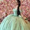 Mint Green Sweetheart Beading Tassel Quinceanera Dress Ball klänning från axelapplikationerna Lace Corset Sweet 15 Vestidos de xv Anos