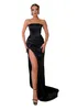 Simple Black Plus Size Mermaid Prom Dresses Strapless Pleats Draped High Side Split Formal Wear Birthday Pageant Special Occasions Evening Party Gowns