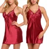 Vêtements de nuit pour femmes Femmes Sexy Soie Dentelle Chemise de nuit Col V Sans bretelles Babydoll Chemise de nuit Robe Intime Courte Mini Slips Bowknot