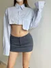 Damenblusen Single Girl WOMENGAGA Spicy Breasted Pocket Decorative Shirt Design Sense High Waist Short Open Nabel Long U052