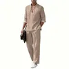 Tute da uomo 2 pezzi Set di lino in cotone Camicie Henley a maniche lunghe Pantaloni da spiaggia casual con tasche Completi estivi per yoga vintage