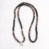 Strand Gros 108 Perles Bouddhiste Mala Wrap Stack Layer Bracelet Naturel Givré Noir Onyx Dentelle Rhodonite Avec Lotus Charm