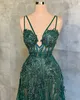 2023 Dark Green Prom Dresses Designer Illusion Beaded Applique Tulle Straps V Neck Custom Made Evening Gown Formal OCN Wear Vestidos Plus Size 401 401