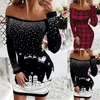 Casual Dresses Fall For Women Fashion Christmas Mixed Print Off Shoulder Bodycon Mini Long Sleeve Black Dress