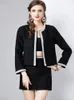 작업 드레스 프랑스 고급 구슬 트위드 2 피스 세트 여성용 의상 빈티지 블랙 짧은 재킷 미니 바디콘 스커트 모직복