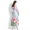 Womens Floral Dress Boutique Long Sleeve Dress 2023 Spring Autumn Bow Maxi Dress High-end Fashion Lady Long Dresses Runway Holitay Dresses