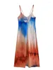 Casual Dresses Mestraf Women Fashion Y2k Tie-Dye Print Midi Dress Vintage V Neck Thin Rems Rygglösa kvinnliga Vestidos