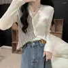 Women's Sweaters Korejepo V-neck Base Sweater Slimming Striped Style Autumn Design Blouse 2023 Casual Elegant Temperament Irregular Top