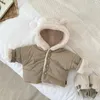 Jackets 2023 Winter Baby Girl Cute Bear Ear Plush Coat Long Sleeve Infant Boy Warm Hooded Jacket Kids Toddler Plus Velvet Thick