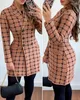 Casual Kleider Herbst Winter Plaid Wollmantel Kleid Frauen Kausalen Büro Damen V-ausschnitt Zweireiher Dünne Frau