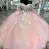 Rosa glänzendes Ballkleid Quinceanera-Kleid 2023 mit 3D-Blume, Spitze, Perlen, Schatz, süßes 16-Kleid, Schnürung, Vestido 15 Jahre