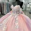 Pink Shiny Ball Gown Quinceanera Dress 2023 With 3D Flower Lace Beaded Sweetheart Sweet 16 Dress Lace-up Vestido 15 Anos