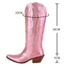 Cowboy roze cowgirl -laarzen voor vrouwen 2022 Autumn trendy geborduurde puntige teen chunky hiel midden kalf westerse laarzen shinny schoenen 230403