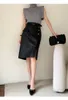 Kjolar svart kjol äkta läder 2023 koreanska modekontor damer midi blyerts hög midja med bälte