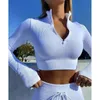 Conjuntos activos Conjunto de yoga sin costuras para mujer Ropa deportiva de entrenamiento Ropa de gimnasio Cremallera Manga larga Leggings de cintura alta Sujetador deportivo Trajes deportivos atléticos