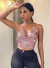 Camisoles Tanks Sruby Sexy Party Metal Metal Metallic Crop Top Women Corset Beach Halter Corset S Glitter Night Club Tank Roupos de Natal 230403