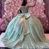 Mint Green Sweetheart Beading Tassel Quinceanera Dress Ball klänning från axelapplikationerna Lace Corset Sweet 15 Vestidos de xv Anos