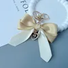 Handmade Fabric Bow Tie White Pearl Pendant Keychain Car Key Bag Charm Women Girl Keyring Gift