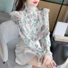 Women's Blouses Vintage Printed Gauze Floral Flare Sleeve Chiffon Shirt Clothing 2023 Autumn Winter Casual Tops Sweet Blouse