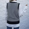 Kadın Yelekleri Houndstooth Örme Kadın Tank Top Açık ön V yaka siyah kolsuz kazak Kadın İlkbahar/Yaz Örgü Kadın Tank Top 230403