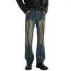 Jeans masculinos hipster solto-encaixe perna reta vintage feito calças velhas lavadas com linha brilhante homem