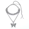 Fashion Hip Punk Style Rhinestone Butterfly Necklace for Women Miami Cuban Link Chain Necklace Tennis Chain Necklace