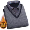 Mannen Truien Herfst Winter Man Fleece Shirt-Kraag Trui 2023 Mode Raster Effen Warme Mannelijke Fluwelen Dikker trui 3XL