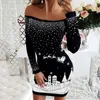 Casual Dresses Fashion Autumn Winter Women Dress Christmas Long Sleeve Slim Off Shoulder Year Festival Xmas Print Sexig Hip Wrap Mini