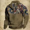 Herrtröjor Vintage Tribal Print Hoodie för män Knapp ned krage Sweatshirt Överdimensionerad Casual Long Sleeve Tops Male Daily Streetwear