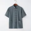 Męskie koszulki Chińska bawełna i lniany garnitur Letni krótki rękawo-Layme's Hanfu Tai Chi Ethnicowa koszula