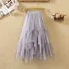 Rokken 2023 Zomer vrouwen Mesh Solid A-Line High Taille Layed Cake Tule Ladies Onregelmatig lovertjes Pleated Tutu Z141