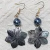 Boucles d'oreilles pendantes 2023 en nacre noire sculptée naturelle coquillage hawaïen fleur oreille goutte île bijoux