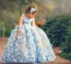 Pretty Ball Gown Princess Flower Girl Dresses For Wedding 3D Floral Appliced ​​Toddler Pageant Glowns Golvlängd Puffy Tulle Kids Prom Dress