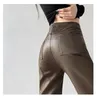 Kvinnor Pants American V-Waist Pu Leather Women Slim Black Right Leg Casual Spring and Autumn Trousers Fashion V646