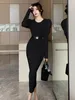 Casual Dresses 2023 Autumn Winter Beige Sweater Hip Wrap Dress for Women Green Round Neck Warm Puff Long Sleeve Black Sticke Split