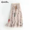 Skirts Qooth Fairy Floral High-waisted A-line Mesh Skirt Spring Summer Casual Black Midi Long Skirts Women Sweet Tulle Skirt QT703 230403