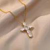 Łańcuchy cyrkon Jezus Cross wisiorka dla kobiet ze stali nierdzewnej złoto plamowany kryształowy naszyjnik w świątecznej biżuterii dar biżuterii