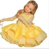 Or Champagne Fleur Filles Robes Jewel Cou Manches Longues Princesse Dentelle Appliques Cristal Perles Étage Longueur Arc Tutu Enfants Fille Pageant Robe D'anniversaire Robes