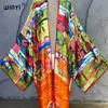 Dames badmode winyi zomer dames graffiti printen met lange mouwen vilters vrouwelijk los strand deksel boho jurk streetwear kimono 230403