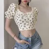 Women's T Shirts Women Vintage Sexy Floral Waffle Cropped Short Sleeve Tee Summer Square Neck Puff Lace Button Kawaii Harajuku Graphic