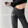 Kvinnor Pants American V-Waist Pu Leather Women Slim Black Right Leg Casual Spring and Autumn Trousers Fashion V646