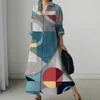 Casual Dresses 2023 MCDV Women's Summer Party Dress Vintage Geometric Print Loose Bohemian Style Home Office Långärmad lapelkläder