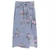 Rokken streetwear vintage bloemen print lange denim zomer hoge taille slanke sexy open split rechte rok jeans saias vrouw 230403