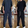 Męskie dresy letni lekkoatletyka męska solidna lodowa sukienka z jedwabną sukienką z krótkim rękawem Top Pants Relaksed Sportswear Casual Wear Ropa Hombre 230403