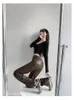 Kvinnor Pants American V-Waist Pu Leather Women Slim Black Right Leg Casual Spring and Autumn Trousers Fashion V646