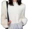 Kvinnors tröjor Korejpaa Gent Pull Femme Casual Round Neck Lantern Sleeve Sticked Pullover Tröja Knitwear Tassel Solid Wild Korean