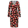 Robes décontractées Femmes Robe de Noël 3D Oiseau Floral Imprimé Wrap Col V Ruché Slim Moulante Midi Fête De Vacances Noël