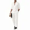 Men's Tracksuits 2 Pieces Cotton Linen Set Long Sleeve Henley Shirts Casual Beach Pants With Pockets Summer Yoga Vintage Suit Outfits