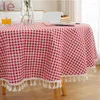 Table Cloth Plaid Round Tablecloth Dining Cover Lace Tassel Cotton Linen Picnic Tea Red Background Sweets Decor